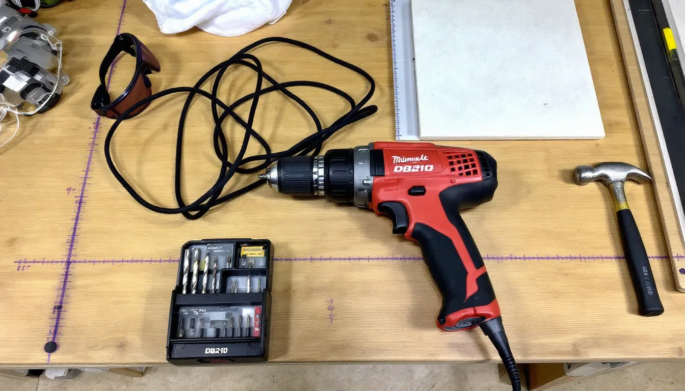 Essential tools for drilling through tile including drill bits and a hammer drill.