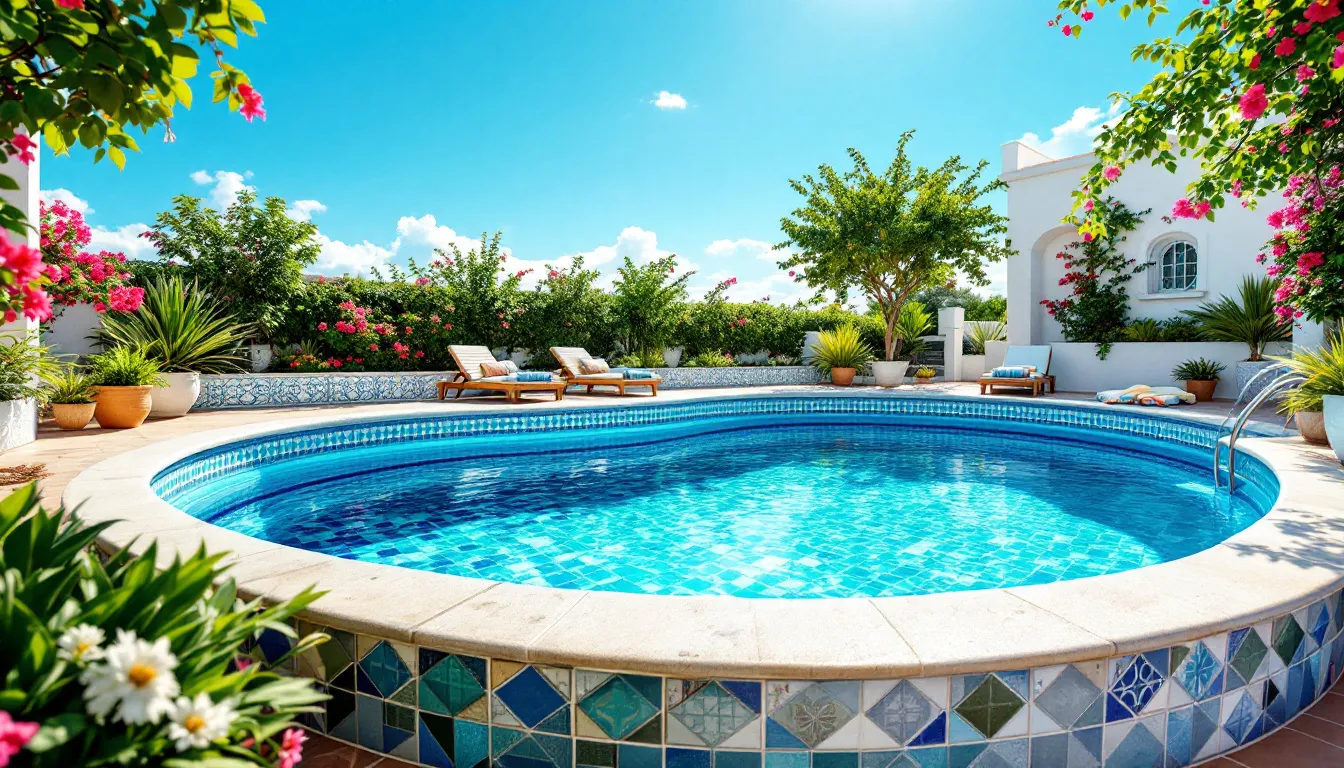 A variety of swimming pool tiles displayed in different colors and designs