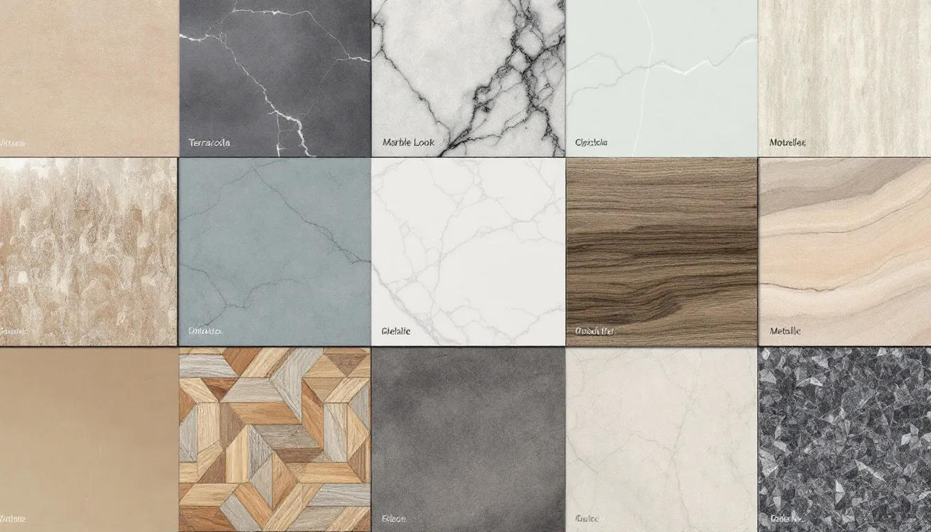 Different types of tiles including ceramic and porcelain tiles.