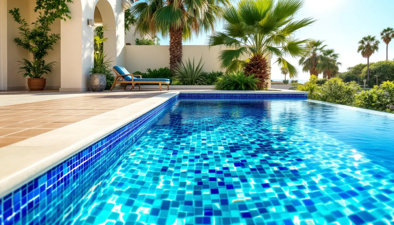 Different materials used for swimming pool tiles, including porcelain and glass.