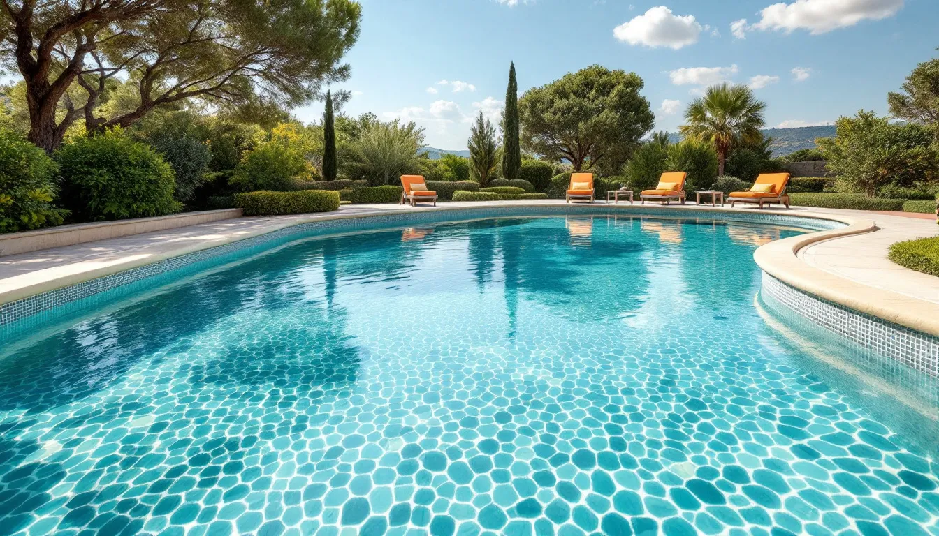 Creative design ideas for swimming pool tiles with various patterns and colors.