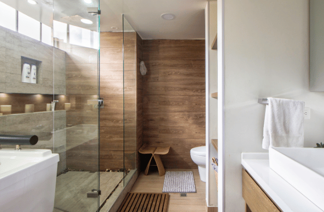 Wood-effect tiles are a popular bathroom tile trend in 2025