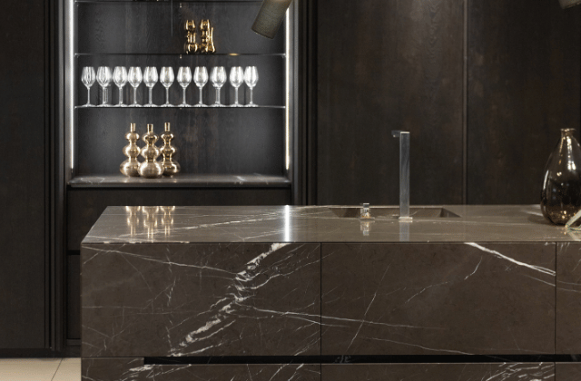 A unique kitchen design enhanced by the natural beauty of marble