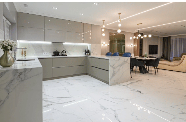 A modern marble kitchen design with clean and seamless lines