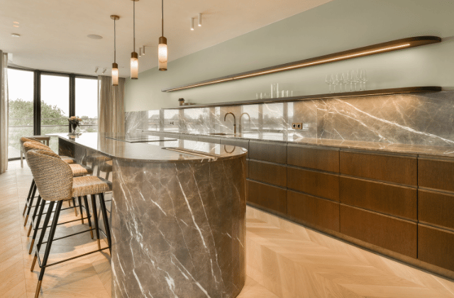 Unique pink marble countertop for a trendy modern kitchen