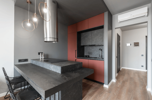 Contemporary matte marble kitchen countertop and backsplash