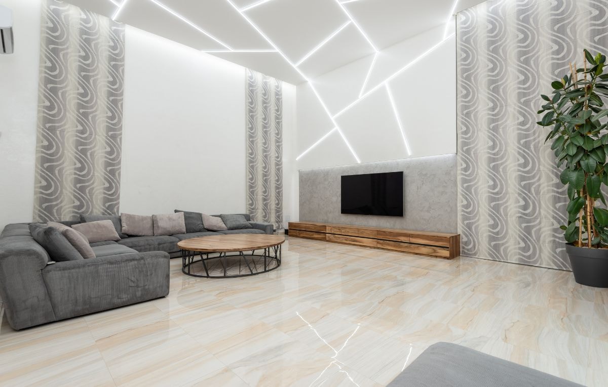 Glossy floor tiles reflect light well