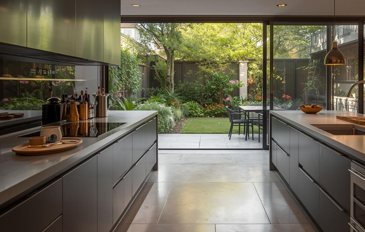 Kitchen to the patio with seamless indoor and outdoor floor tiles