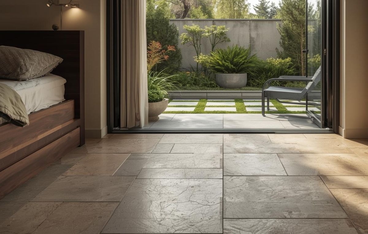 Bedroom to the garden with floor tiles