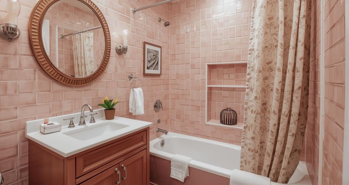 Blush pink Porcelain Zellige-Look Tiles transform a bathroom into a fun trendy space