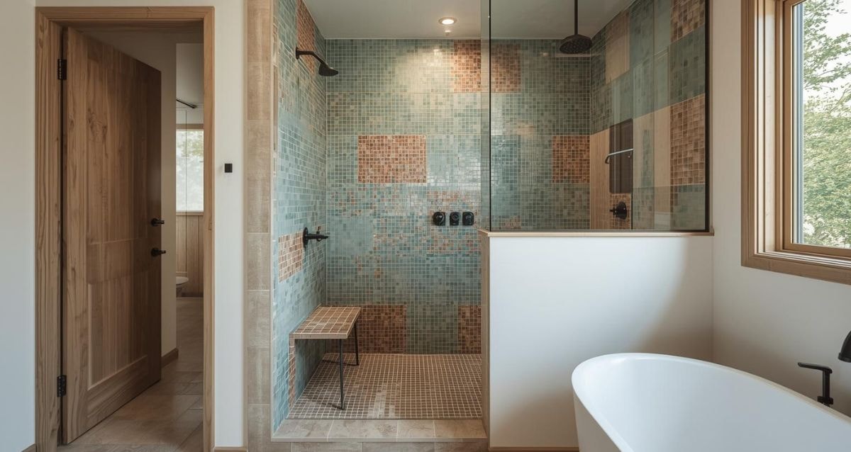 Zellige tiles color block shower bathroom design