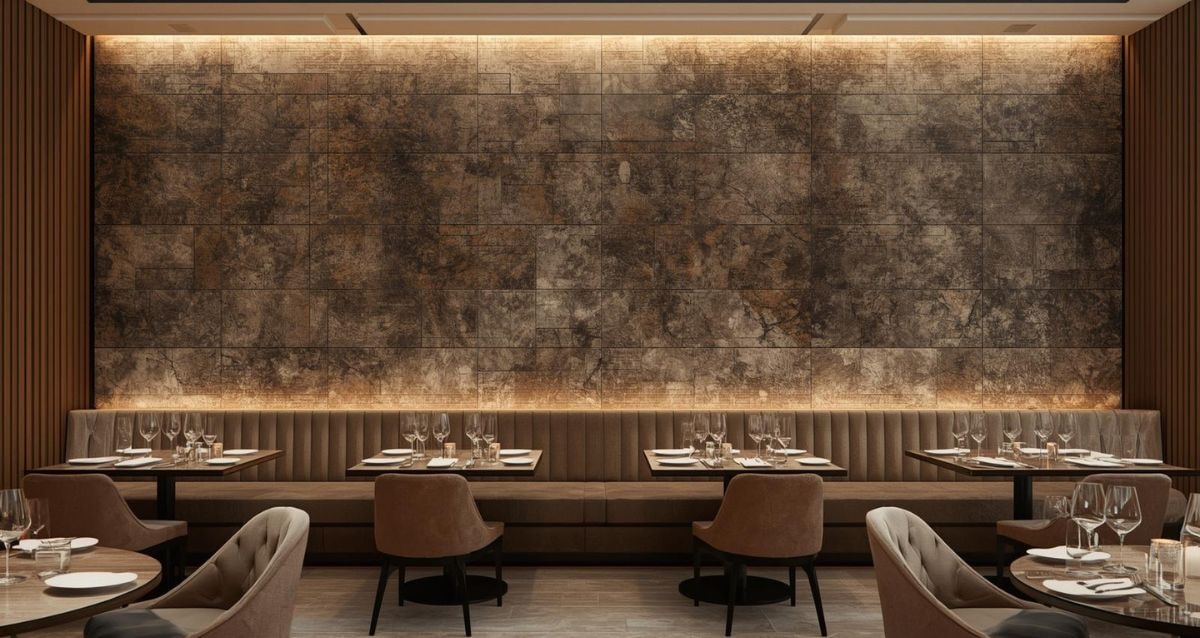 Striking fabric-look tiles used in a resturant as an accent wall
