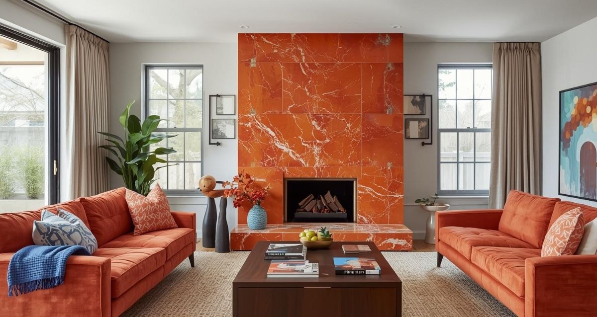 Bold and beautiful orange marble tiled fireplace as the centre of a living room