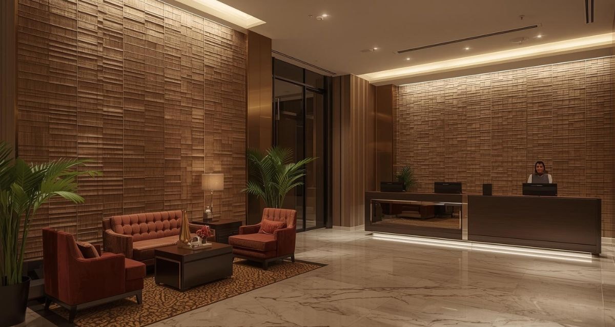 Textile tiles give the look of fabric tiles when placed on a hotel lobby wall