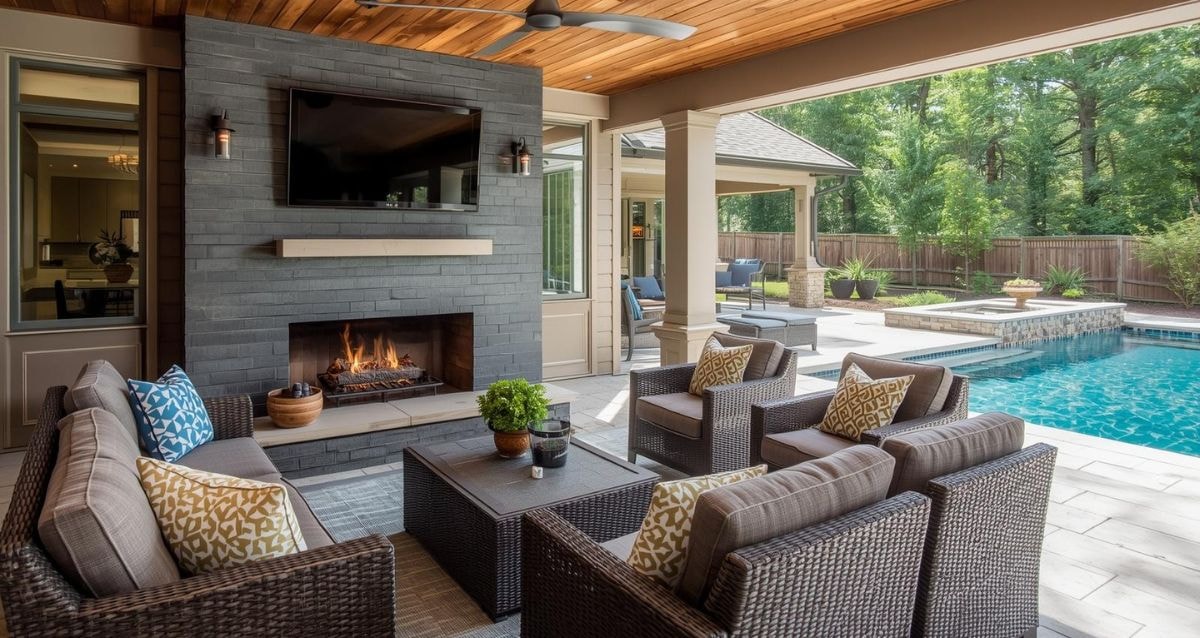 Patio and entertainment area with a rustic dark grey tiled fireplace