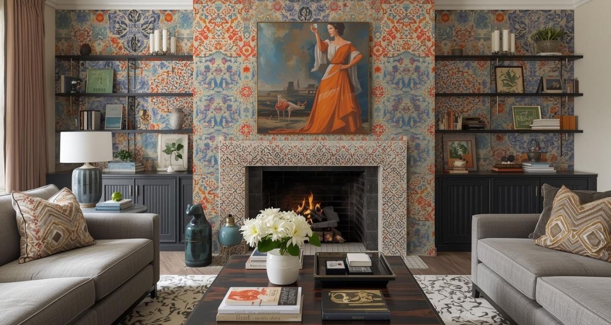 Living room with patterned tiles across the fireplace and shelving
