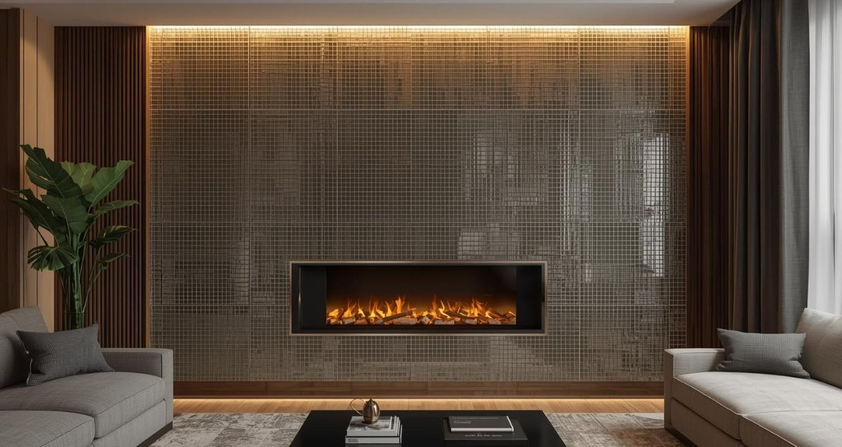 Floor-to-ceiling fireplace with mosaic glossy bronze and gold tiles