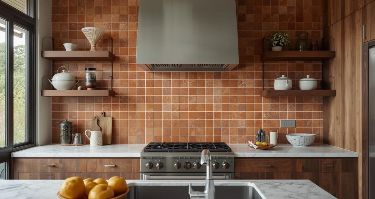 Terracotta zellige tiles backsplash in a kitchen