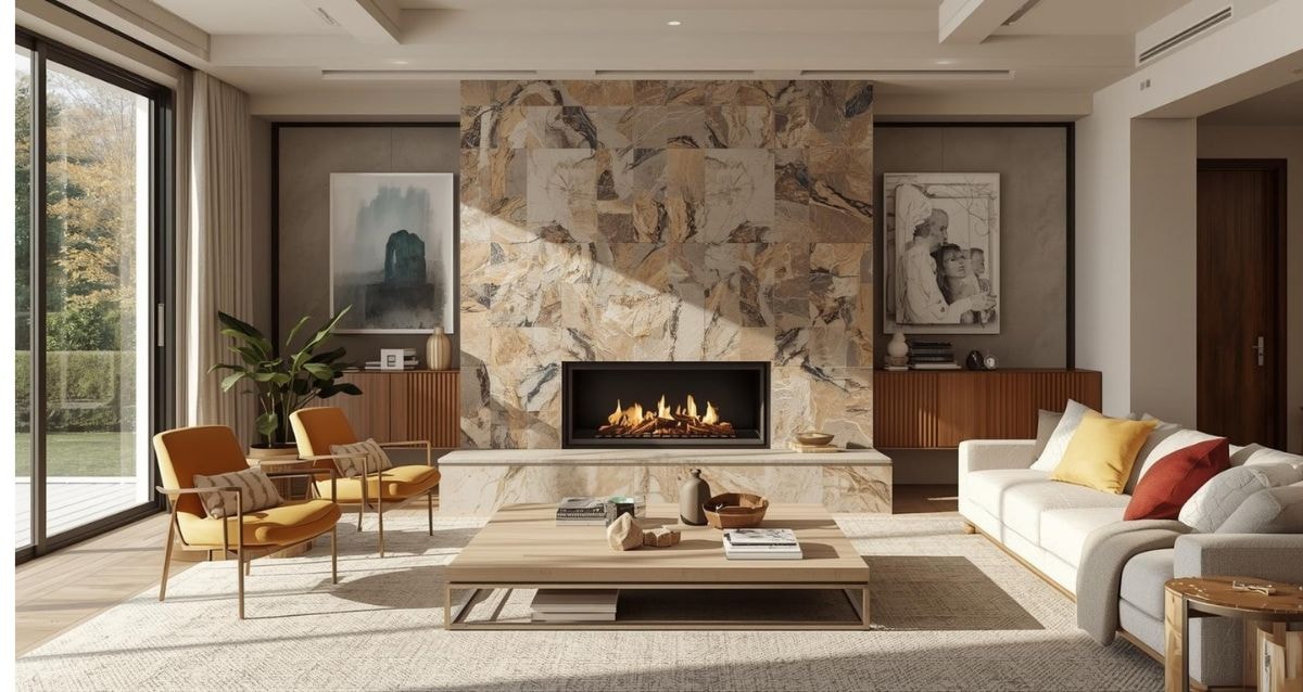 Living room with a unique marble-patterned tiled fireplace