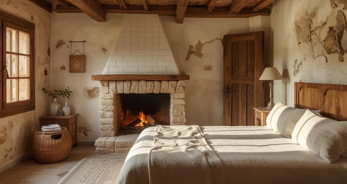 Natural stone tiles are used to create a cosy and comfortable fireplace