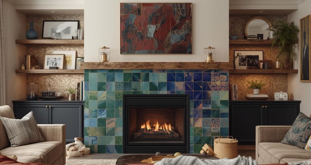 Blue and green ocean tone porcelain mosaic fireplace in a living room with wooden accents