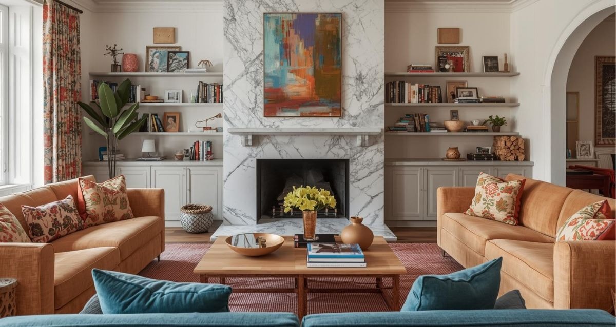 White and grey marble gloss tiled fireplace as a centrepiece for the living room