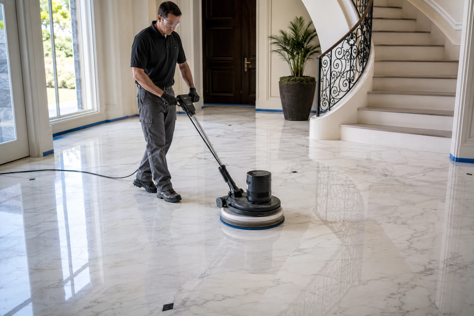 Professional assessing the sheen and condition of polished marble flooring