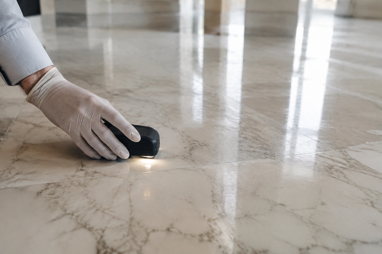 Professional polishing marble tile floor with a low-speed floor polishing machine