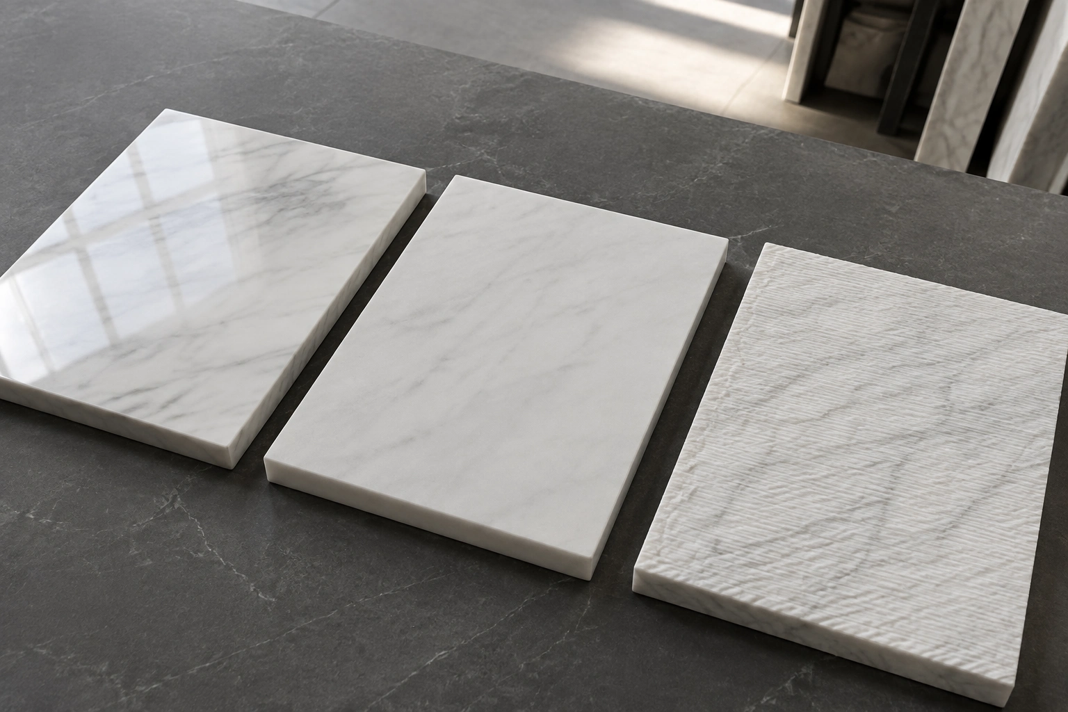 Polished, honed, and textured white marble tile finishes compared
