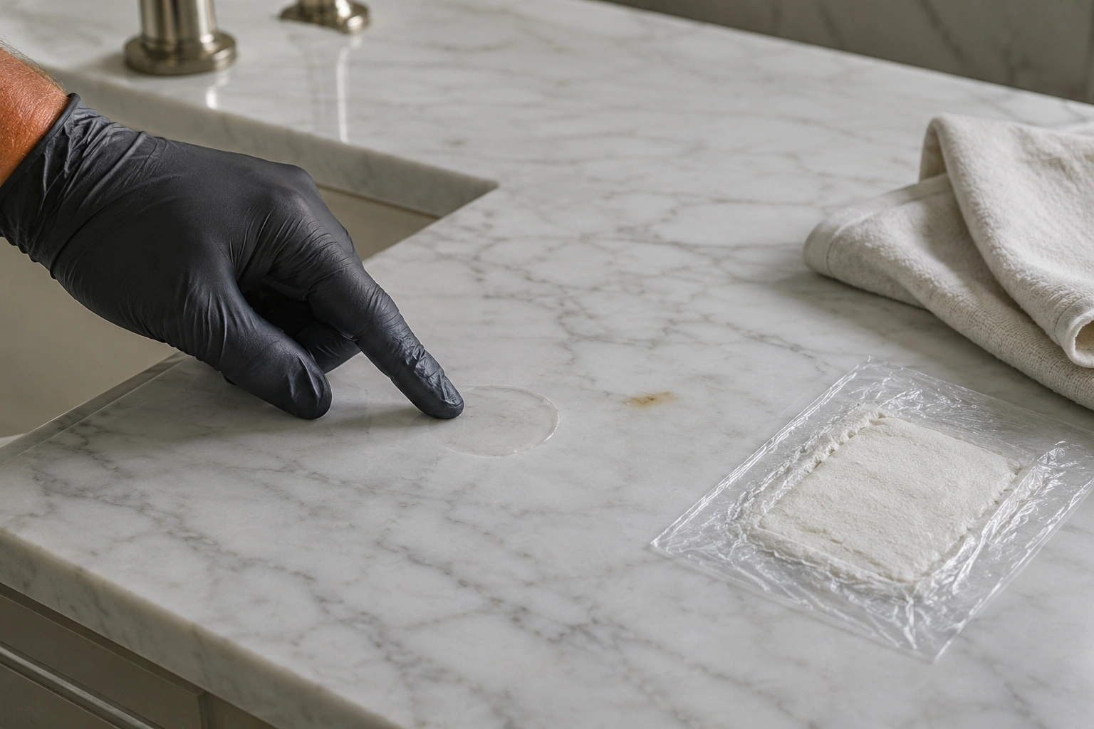 Specialist examining an etch mark and treating a stain with a marble poultice