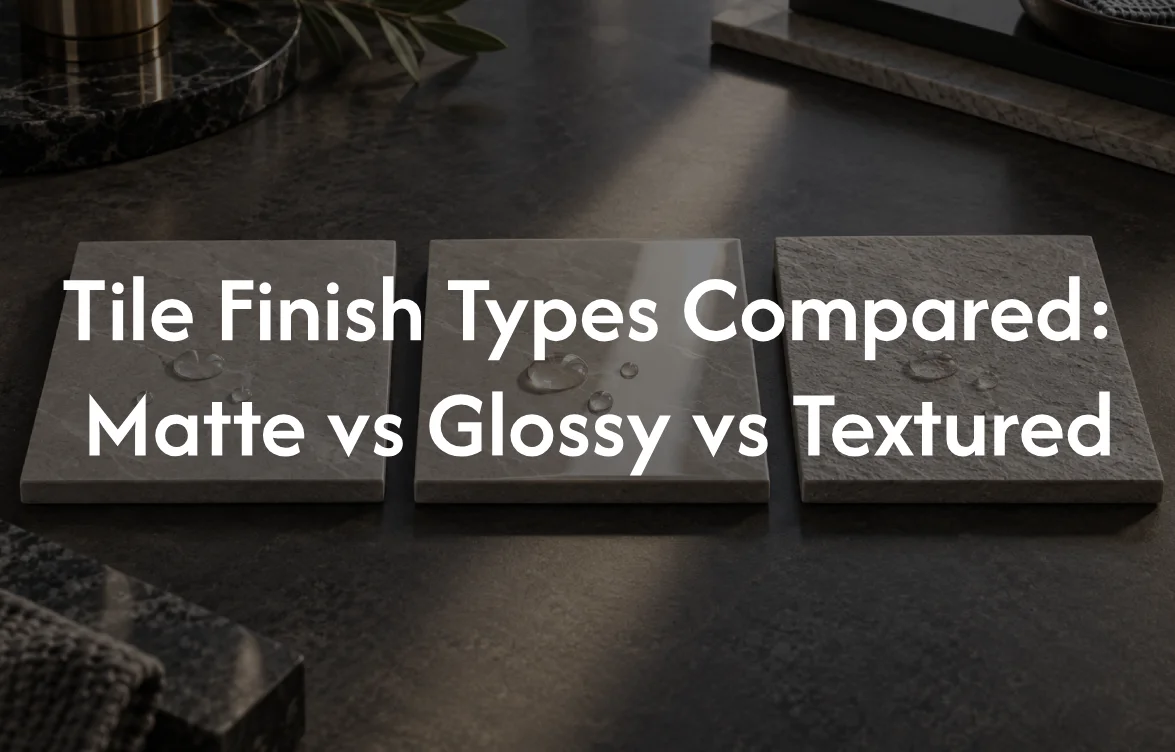 Matte, glossy, and textured porcelain panels compared in a luxury showroom